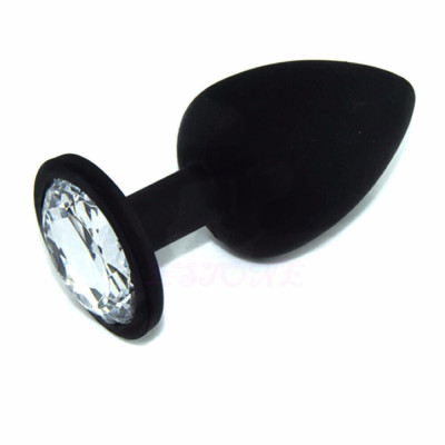 Small BLACK Silicone butt plug with CLEAR Jewel