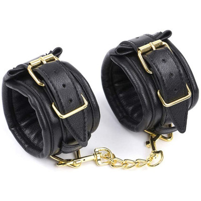 Black Leather Padded ANKLE Leg Cuffs with Golden Chain