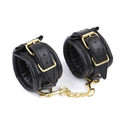 Black Soft Padded Leather WRIST Cuffs with Golden Chain 