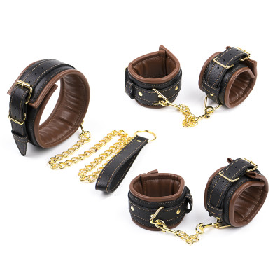 Bondage set with three Brown Ankle Wrist Collar with Leash