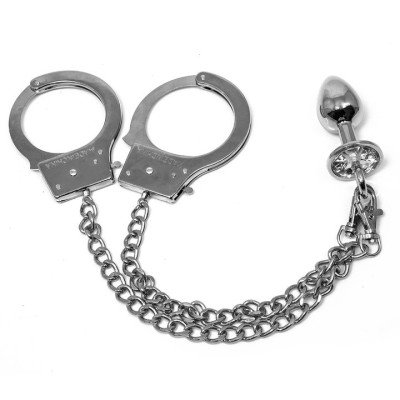 Handcuffs chained with detachable jewelled butt plug