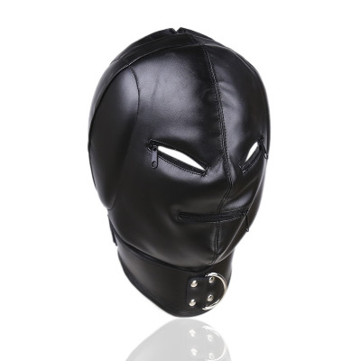 Bdsm Leather Hood with Sponge Earmuffs and mouth eyes zippers