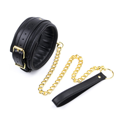 Naughty Toys Black Leather Collar with Gold chain Leash 