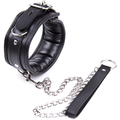 Heavy duty Black leather Collar with metal Leash 