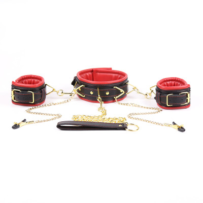 Collar Leash with Cuffs chained Nipple Clamps Red Black