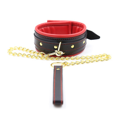 Black Red Leather Collar with Gold chain Leash 