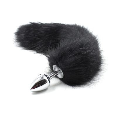 Black Faux Fur Tail with metal butt plug-LARGE