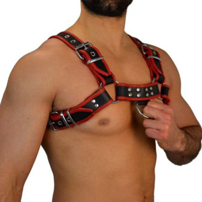 Black Red Leather adjustable chest Harness S-XL