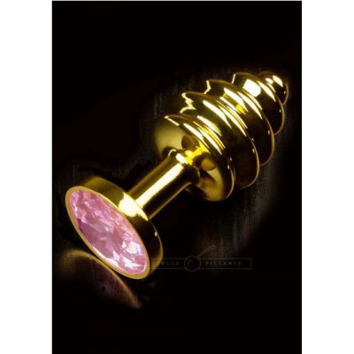 Dolce Piccante Gold Ribbed Steel Butt Plug With Pink Jewel Small