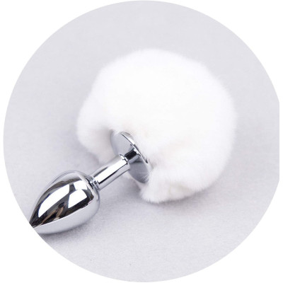 White Bunny Tail with Metal Butt Plug-SMALL