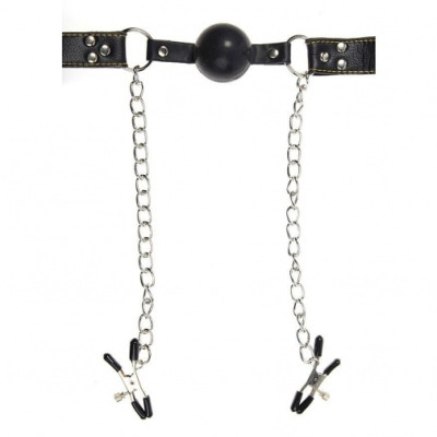 Fetish Fantasy Leather Ball Gag with Nipple Clamps