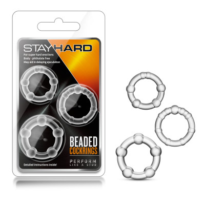 Stay Hard Set of 3 Beaded Cock Rings Clear