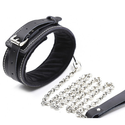 Naughty Toys Black leather Collar with metal Leash