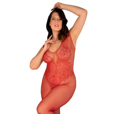 Plus Size Obsessive Red Knitted Floral Bodystocking