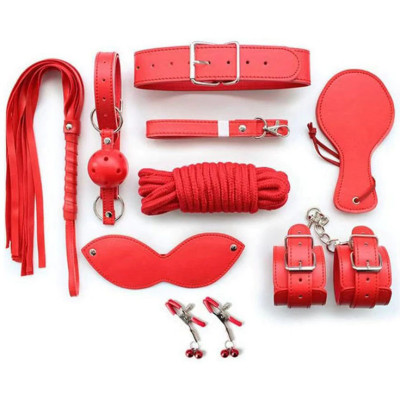 High Quality Leather Bondage Kit RED 8 PCS