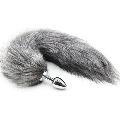 Grey Faux Fur Fox Tail with metal butt plug SMALL