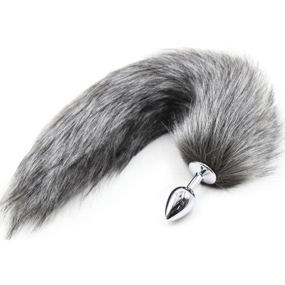 Grey faux fur Fox tail with metal butt plug MEDIUM