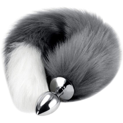 Gray white tipped faux fur Fox tail metal butt plug LARGE