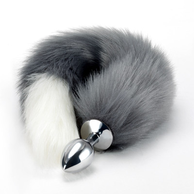 Gray white tipped faux fur Fox tail metal butt plug MEDIUM