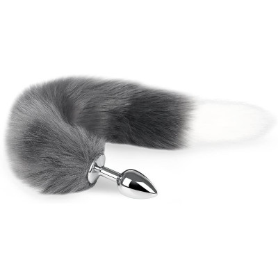 Grey white tipped faux fur Fox tail metal butt plug SMALL