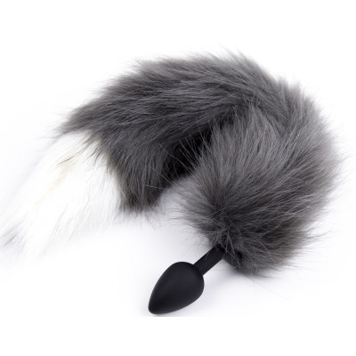 Grey white tipped faux fur tail Silicone butt plug SMALL