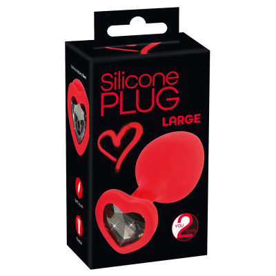 Silicone Red anal plug with clear heart jewel LARGE