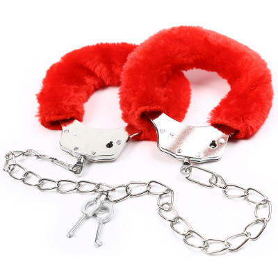 Red Furry Ankle and or Wrist metal Cuffs with long chain 