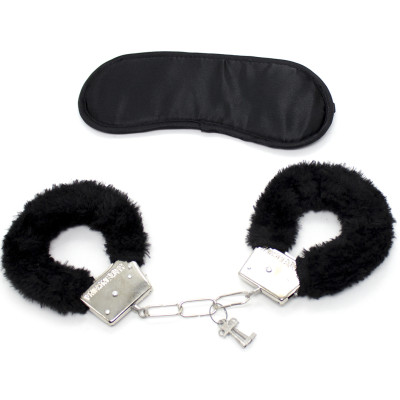 Black furry handcuffs with eye blindfold mask set