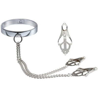 Metal neck collar with chained nipple clamps for men