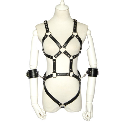 Strap Style leather restraint bodysuit with cuffs