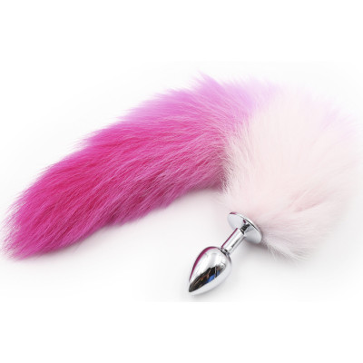 White with Pink tip faux fur Fox tail with metal butt plug SMALL