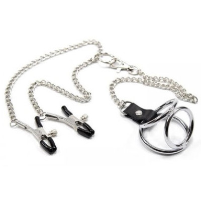 Chain Nipple Clamps with Triple Cock Ring SMALL