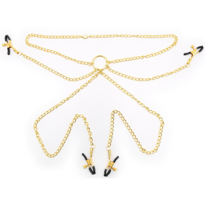 Golden Necklace chain with adjustable nipples and labia clamps
