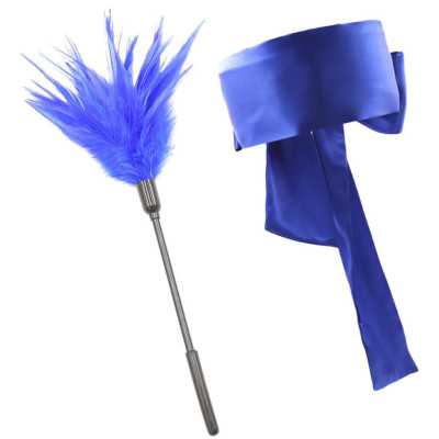 Mystery blue shiny silky Blindfold with a Feather tickler SET