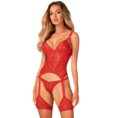 Plus size Obsessive Belovya red corset with garters and thong