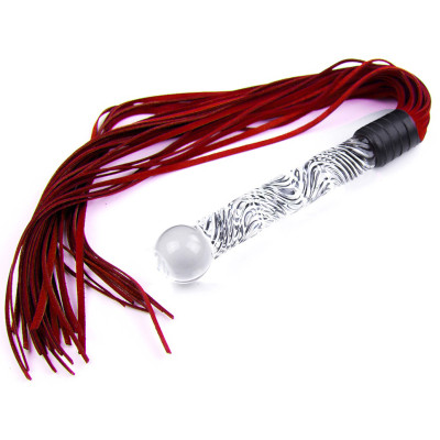 Fetish red Leather Flogger with glass dildo handle with ball Tip