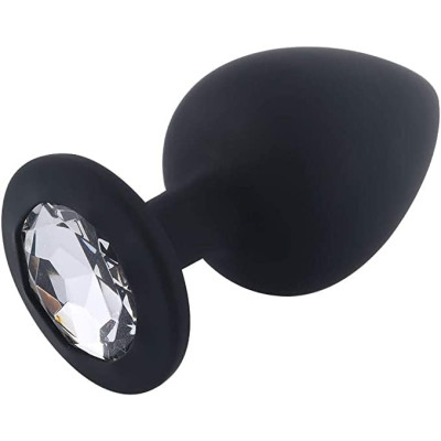 Large BLACK Silicone butt plug with CLEAR Jewel