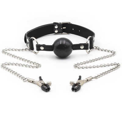 Ball gag 4 cm with chained nipple clamps