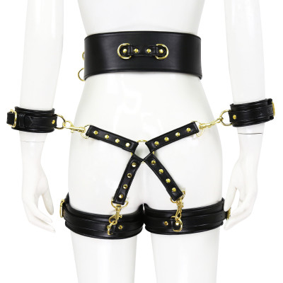 NAUGHTY TOYS black leather corset cuffs hog tie restraints 4pcs set