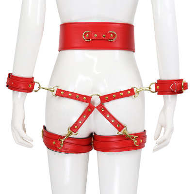 NAUGHTY TOYS red leather corset cuffs hog tie restraints 4pcs set