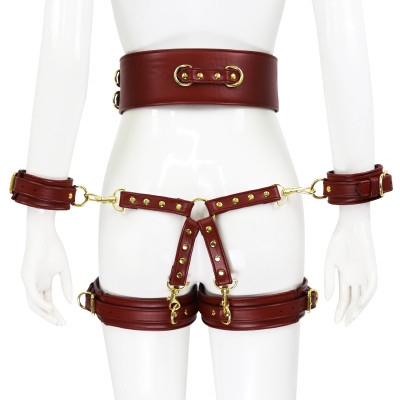 NAUGHTY TOYS wine red leather corset cuffs hog tie restraints 4pcs set
