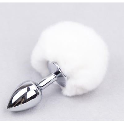 White Bunny Tail with metal Butt Plug SMALL Ø 2.8 cm