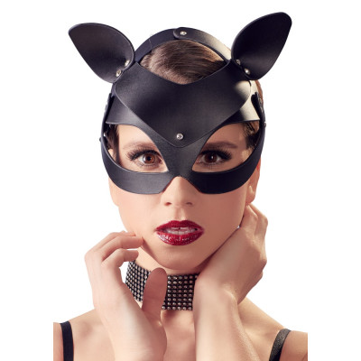 Black leather diamond Catwoman head mask O/S