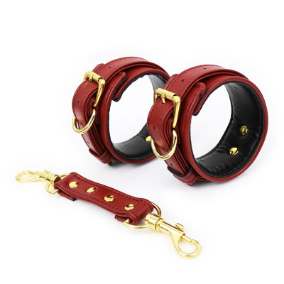 NAUGHTY TOYS luxury wine red and gold snap-hook leather handcuffs