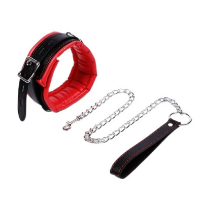 Red & Black BDSM Collar with Iron Chain, Sponge Filling & Lock