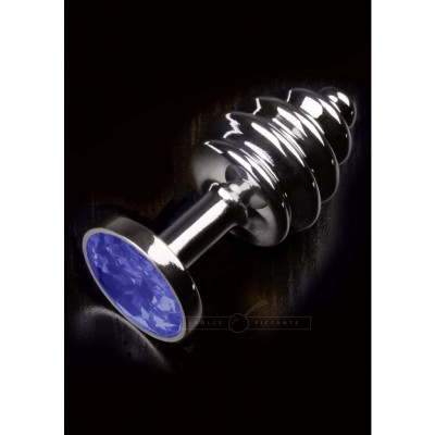 Dolce Piccante Small steel ribbed Plug with Blue Jewel
