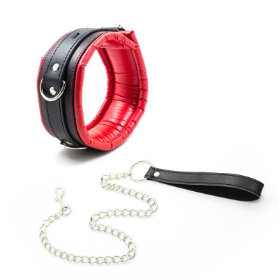 Red Black Bdsm adjustable Padded Leather Collar with leash