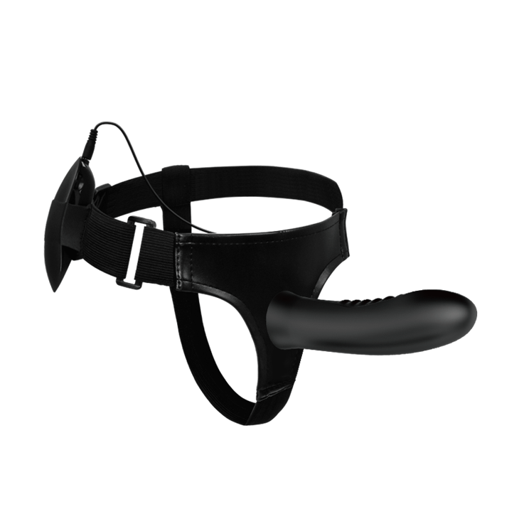 Strap-on harness MYRON with vibration silicone black dildo 18cm