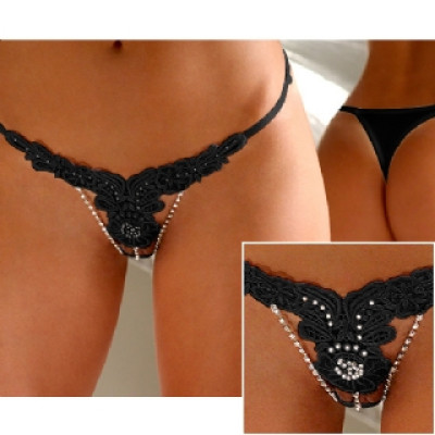 Plus Size Embroidered Floral G-String Black