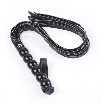 Naughty Toys Black Leather Flogger Whips with Beaded Handle 65 cm